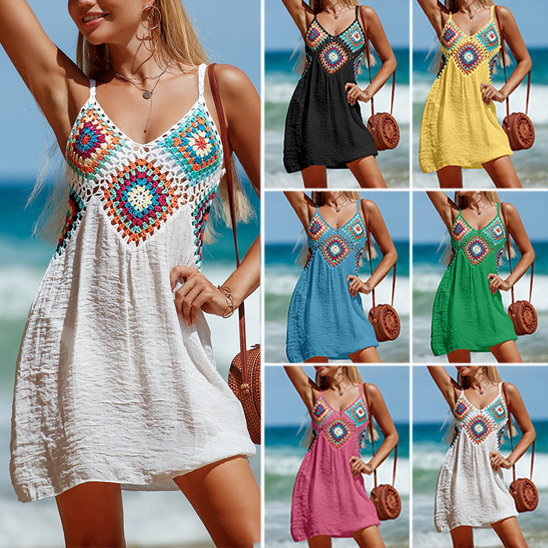 Summer Sleeveless Dress Colorful Pattern V-neck Hollow Beach Dress