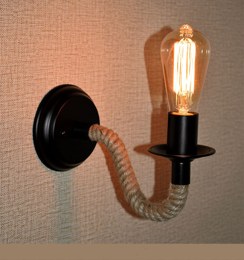 Vintage Rope & Iron Wall Sconce - Retro Swing Arm Bedside Lamp