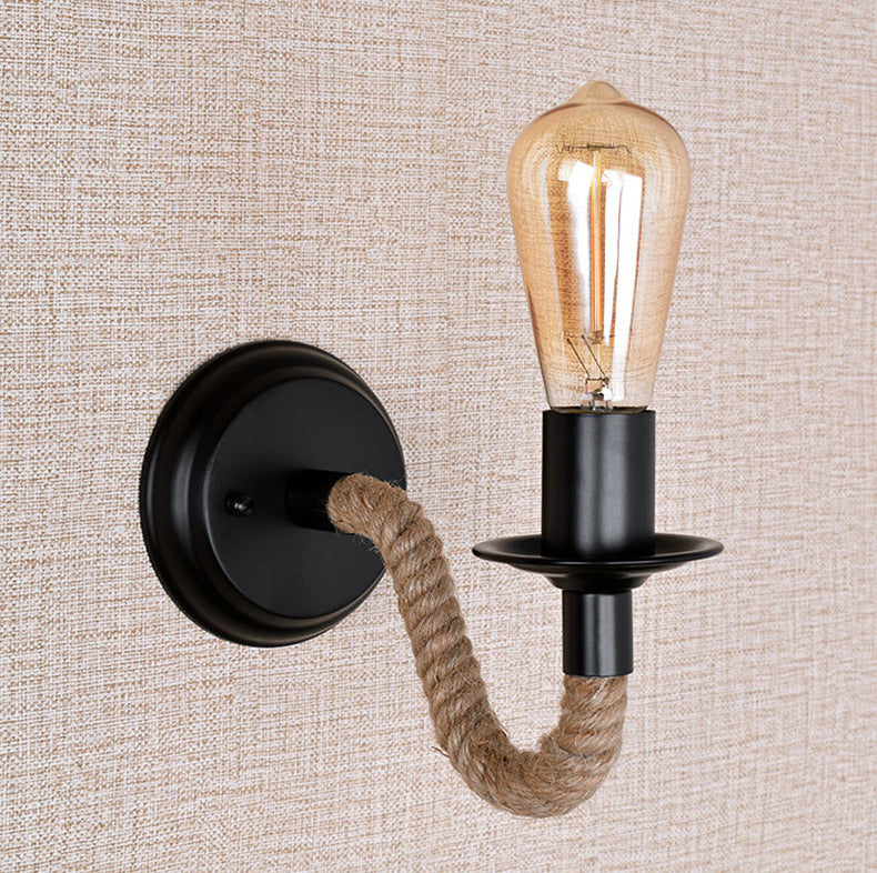Vintage Rope & Iron Wall Sconce - Retro Swing Arm Bedside Lamp