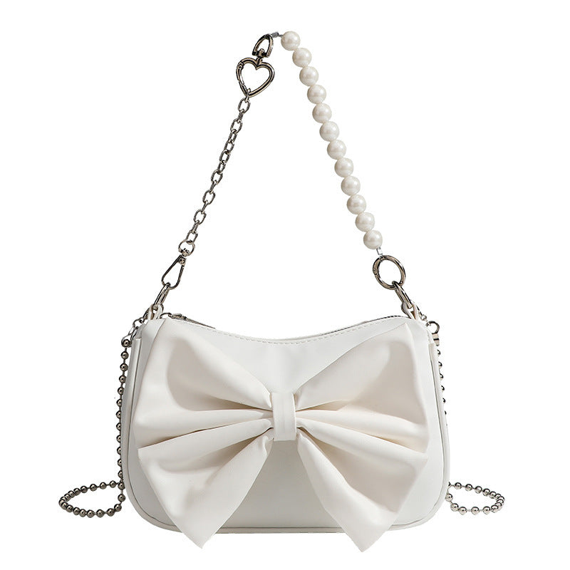 Elegant Bow Handbag – Small PU Purse with Pearl Strap (Black/White)
