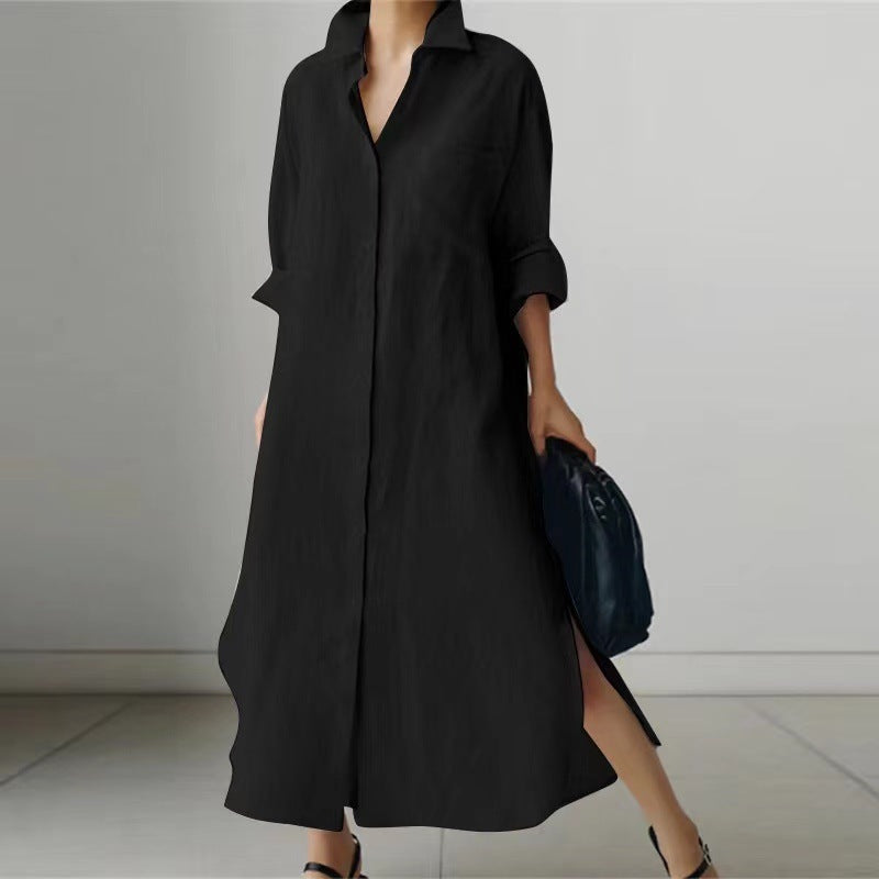 Women's Linen-Cotton Shirt Dress - Side Slit & Button Front