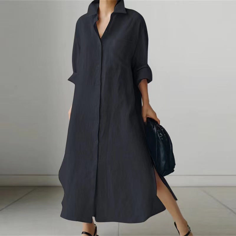 Women's Linen-Cotton Shirt Dress - Side Slit & Button Front