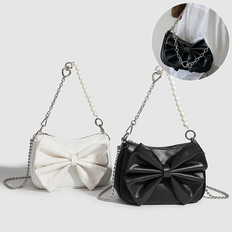 Elegant Bow Handbag – Small PU Purse with Pearl Strap (Black/White)