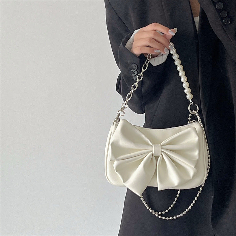 Elegant Bow Handbag – Small PU Purse with Pearl Strap (Black/White)