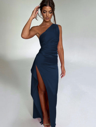 Sexy One-Shoulder Backless Slit Dress – Elegant Slim-Fit Satin Summer Dress for Women