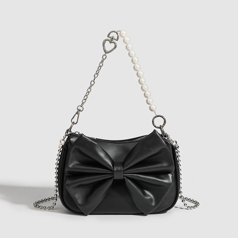 Elegant Bow Handbag – Small PU Purse with Pearl Strap (Black/White)