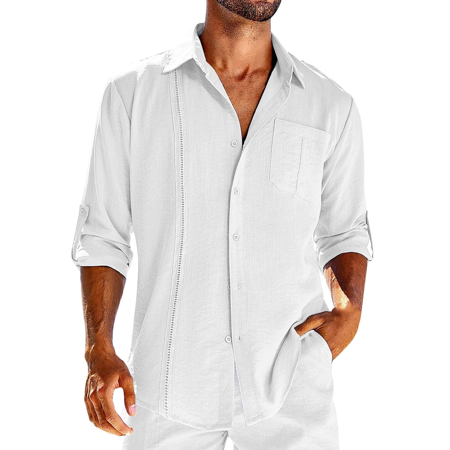 Men’s Casual Long Sleeve Shirt – Solid Color Button-Up with Polo Collar & Chest Pocket