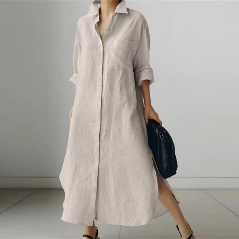 Women's Linen-Cotton Shirt Dress - Side Slit & Button Front