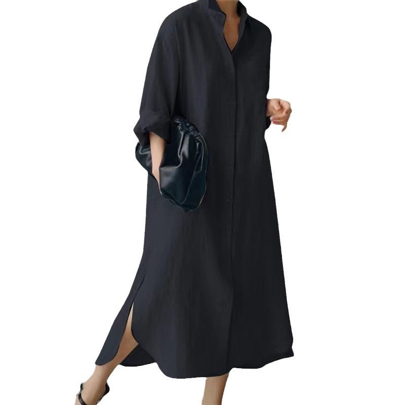 Women's Linen-Cotton Shirt Dress - Side Slit & Button Front