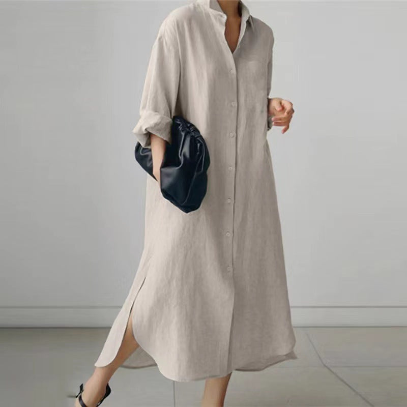 Women's Linen-Cotton Shirt Dress - Side Slit & Button Front