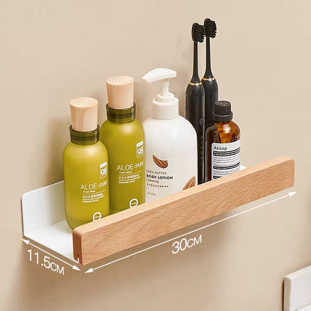 Solid Wood Bathroom Shelf - Non-Drilling Wall Mount (Black/White)