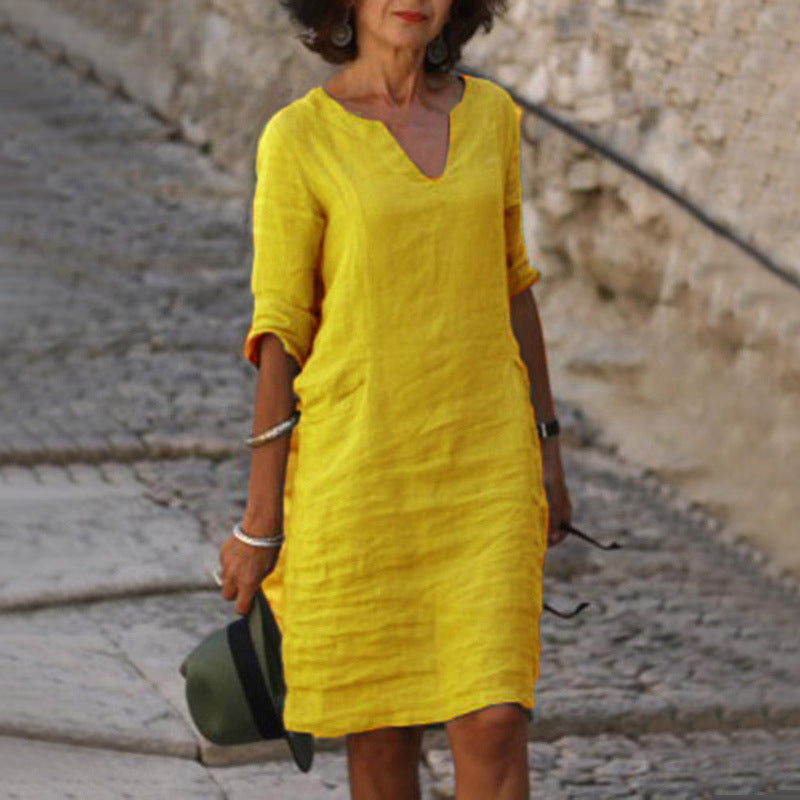 Mini-robe à manches et col en V pour femme