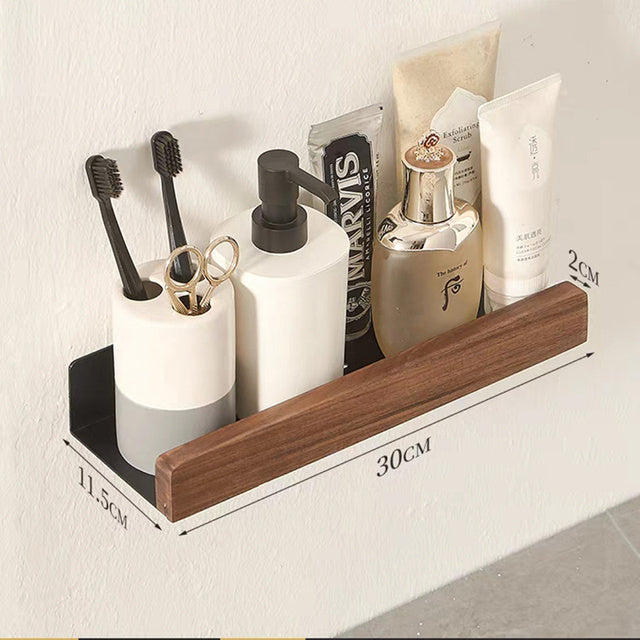 Solid Wood Bathroom Shelf - Non-Drilling Wall Mount (Black/White)
