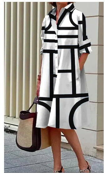 Women's Geometric Dress - Chic Button-Down Style
