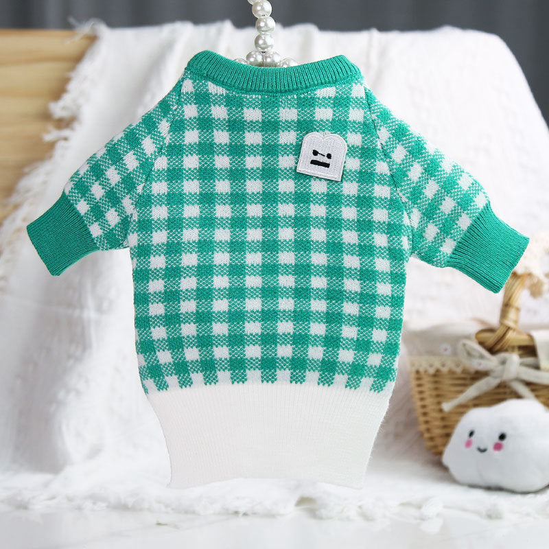 Dog Wool Sweater – British-Style Smiley Grid Pullover (3 Colors)