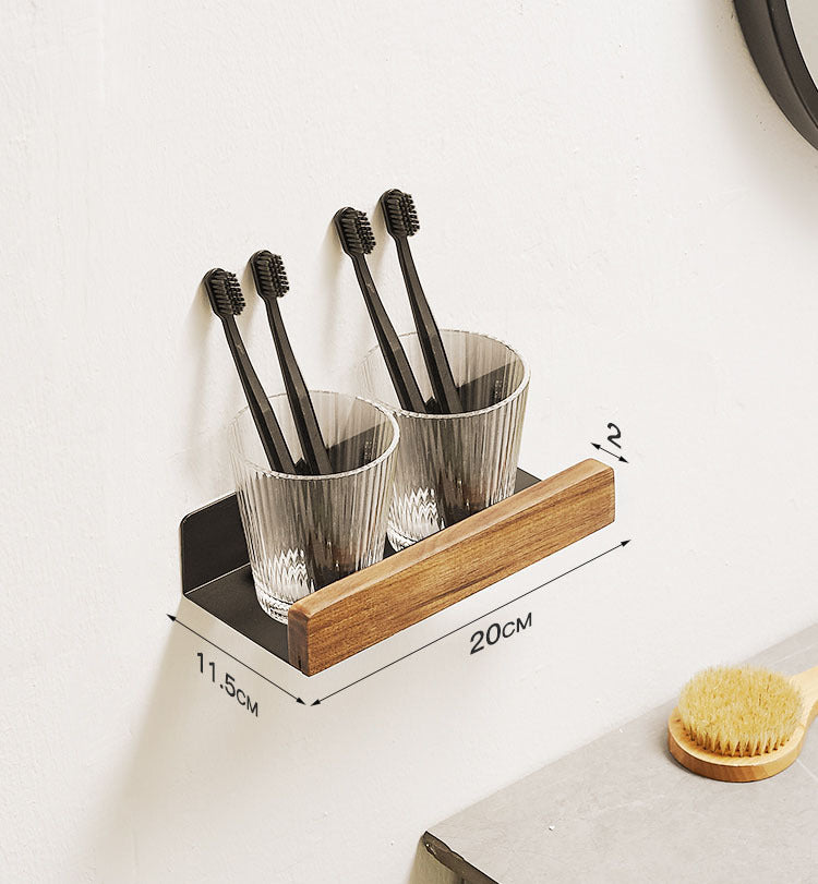 Solid Wood Bathroom Shelf - Non-Drilling Wall Mount (Black/White)