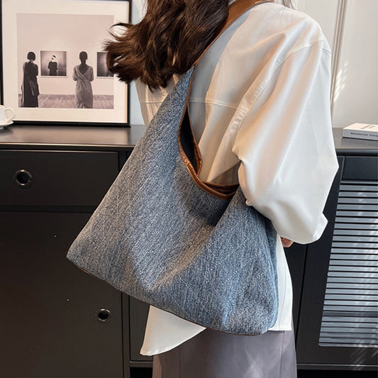 Oversized Denim Bucket Bag - Large Capacity Canvas Tote for Women