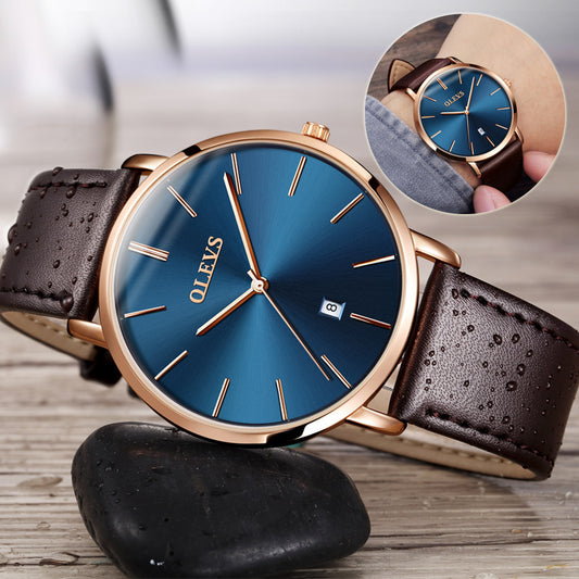 Luxury Men's Quartz Watch – Classic Leather Strap, Water Resistant Wristwatch