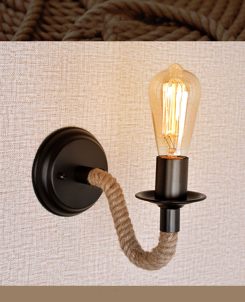 Vintage Rope & Iron Wall Sconce - Retro Swing Arm Bedside Lamp