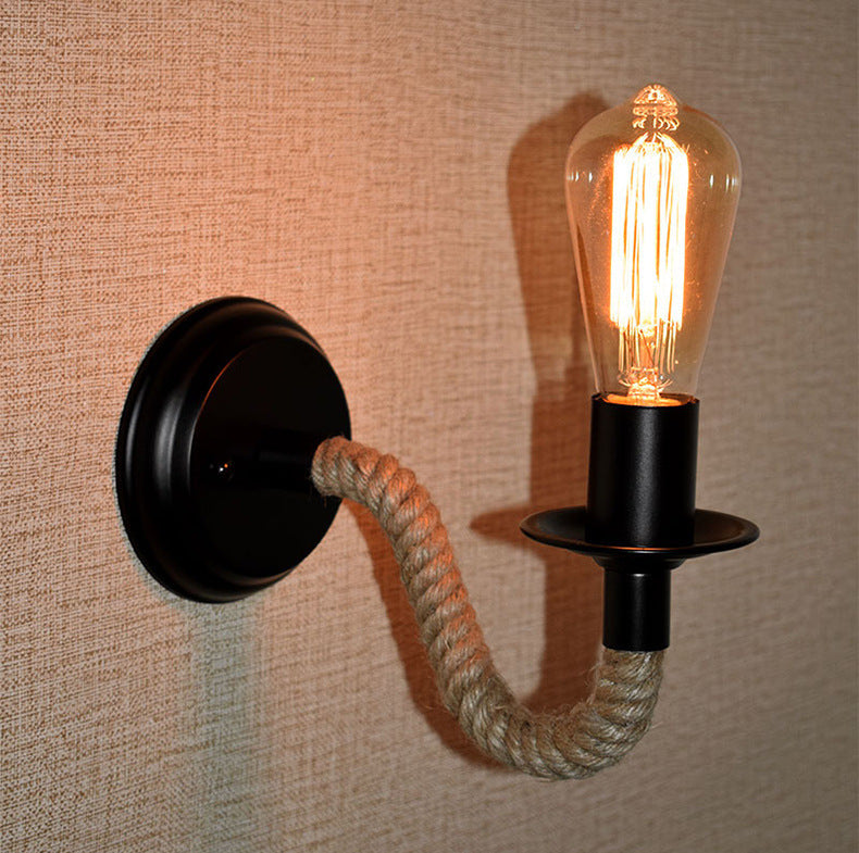 Vintage Rope & Iron Wall Sconce - Retro Swing Arm Bedside Lamp