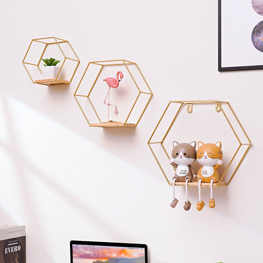 Golden Hexagon Wall Shelf - Iron & Wood Hook-Mount Organizer