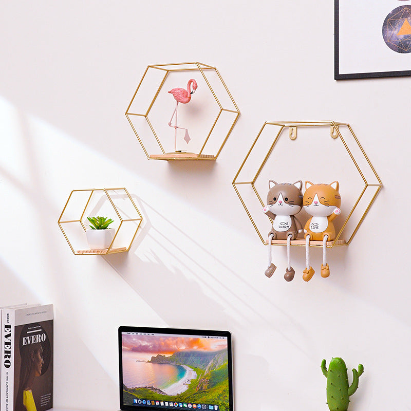Golden Hexagon Wall Shelf - Iron & Wood Hook-Mount Organizer