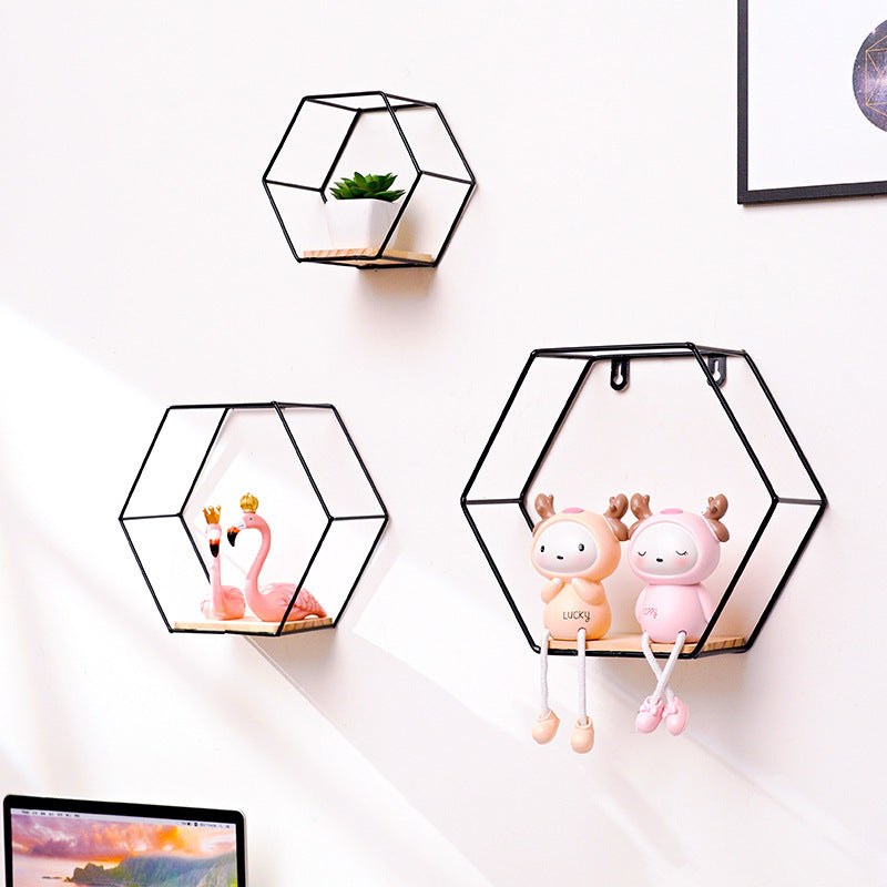 Golden Hexagon Wall Shelf - Iron & Wood Hook-Mount Organizer