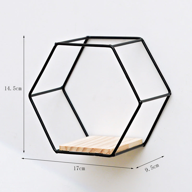Golden Hexagon Wall Shelf - Iron & Wood Hook-Mount Organizer