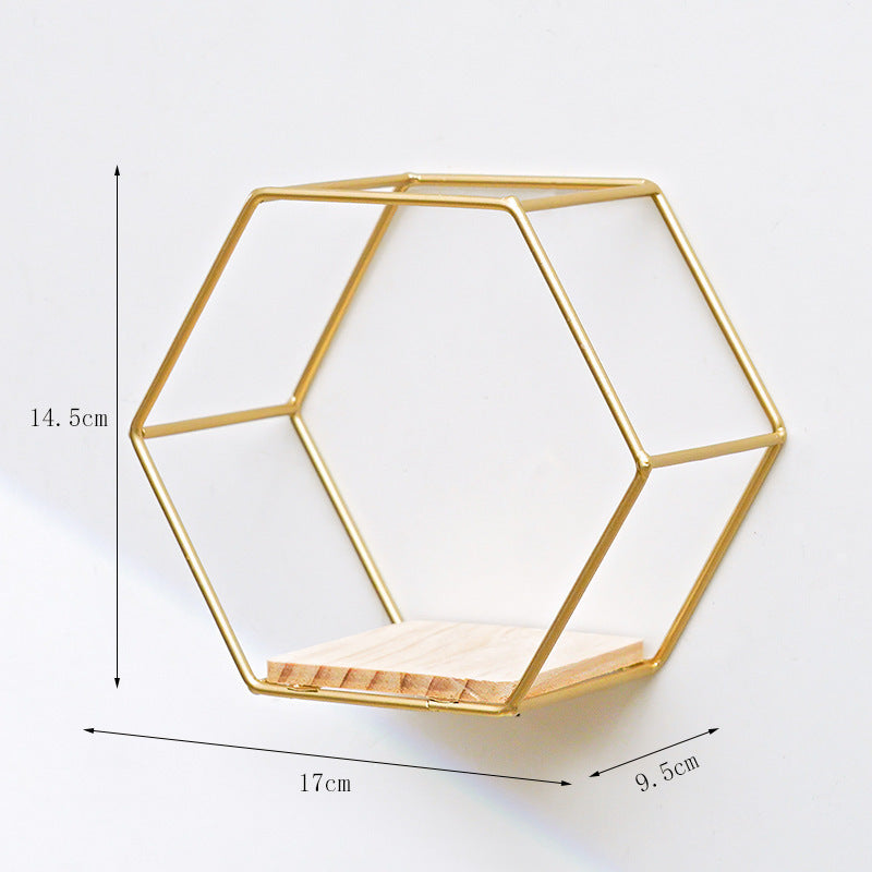 Golden Hexagon Wall Shelf - Iron & Wood Hook-Mount Organizer