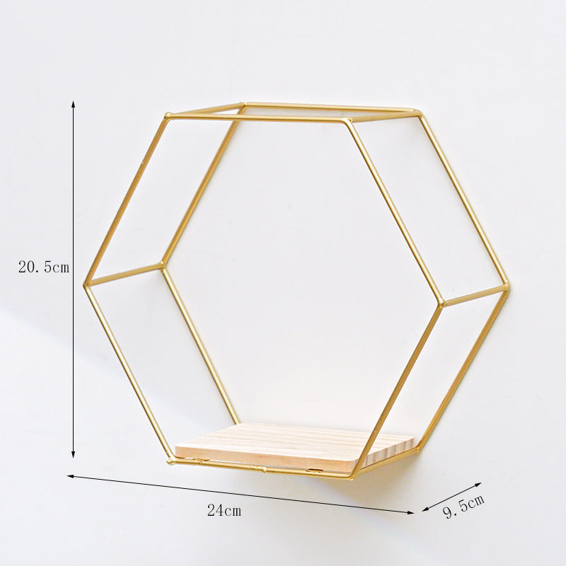 Golden Hexagon Wall Shelf - Iron & Wood Hook-Mount Organizer