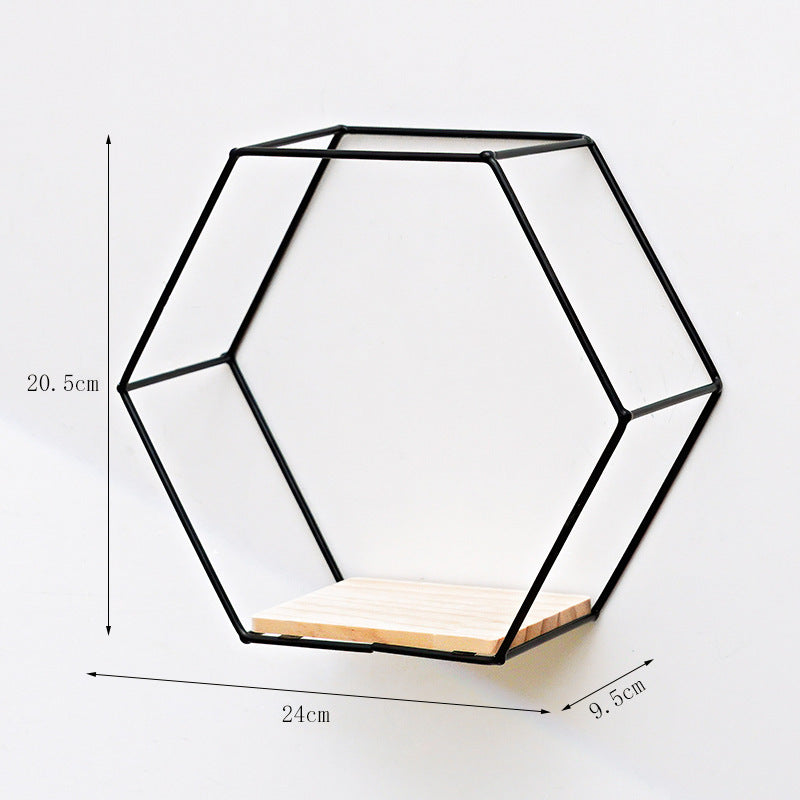 Golden Hexagon Wall Shelf - Iron & Wood Hook-Mount Organizer