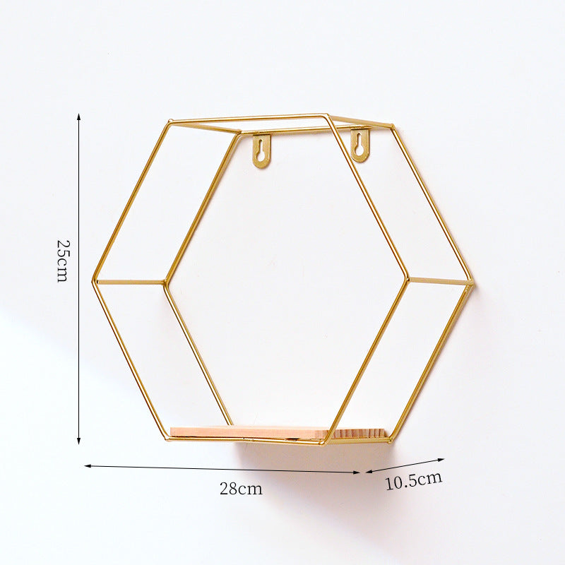 Golden Hexagon Wall Shelf - Iron & Wood Hook-Mount Organizer