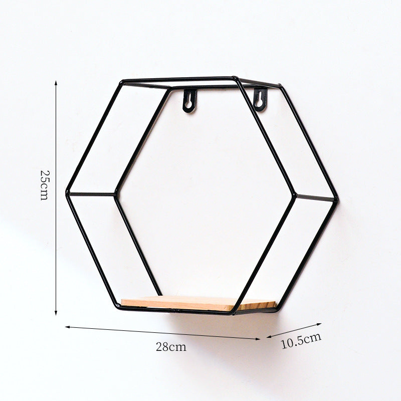 Golden Hexagon Wall Shelf - Iron & Wood Hook-Mount Organizer