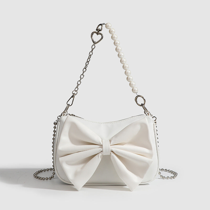 Elegant Bow Handbag – Small PU Purse with Pearl Strap (Black/White)