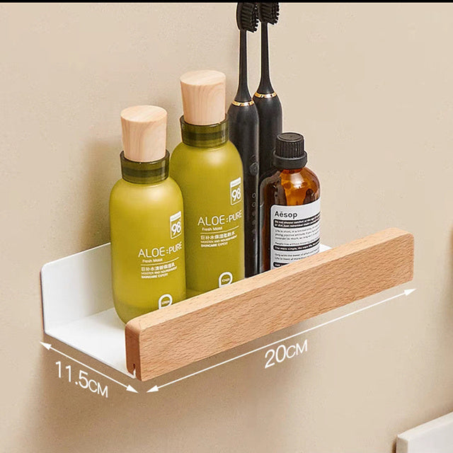 Solid Wood Bathroom Shelf - Non-Drilling Wall Mount (Black/White)