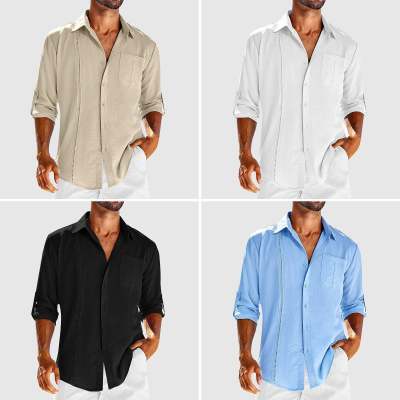 Men’s Casual Long Sleeve Shirt – Solid Color Button-Up with Polo Collar & Chest Pocket