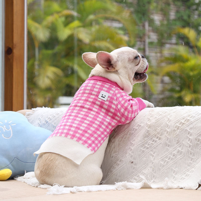 Dog Wool Sweater – British-Style Smiley Grid Pullover (3 Colors)