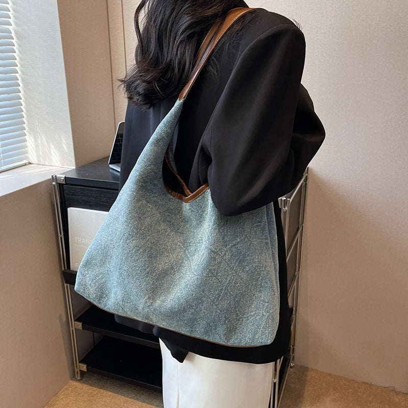 Oversized Denim Bucket Bag - Large Capacity Canvas Tote for Women