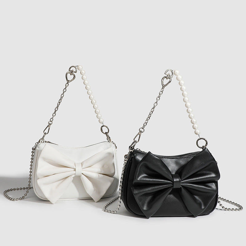 Elegant Bow Handbag – Small PU Purse with Pearl Strap (Black/White)