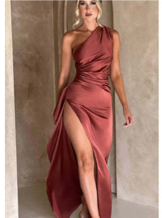 Sexy One-Shoulder Backless Slit Dress – Elegant Slim-Fit Satin Summer Dress for Women