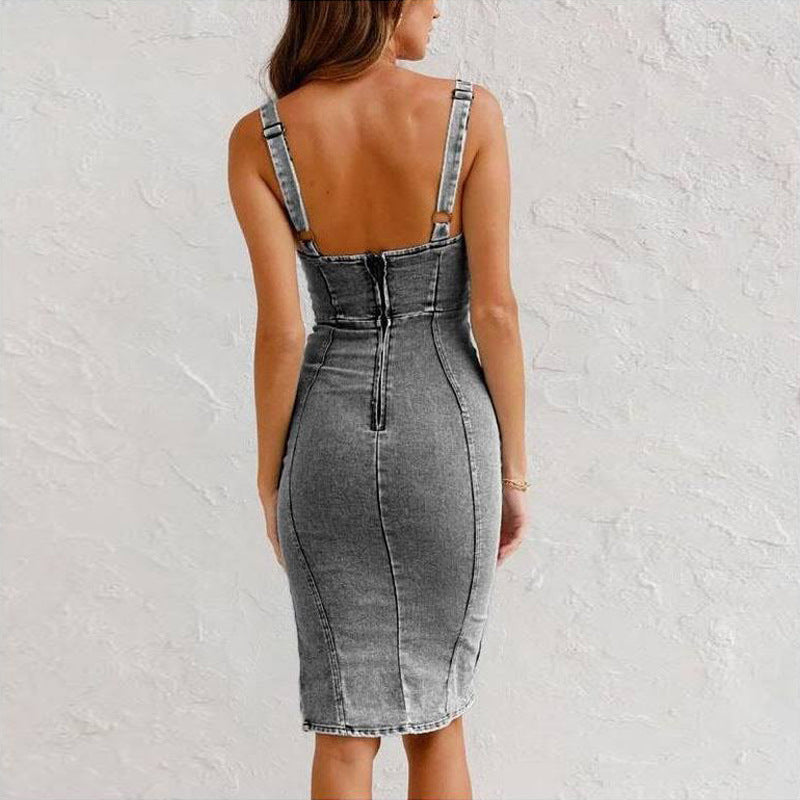U-Neck Suspender Denim Dress - Summer Casual Slim Fit with Slit for Women