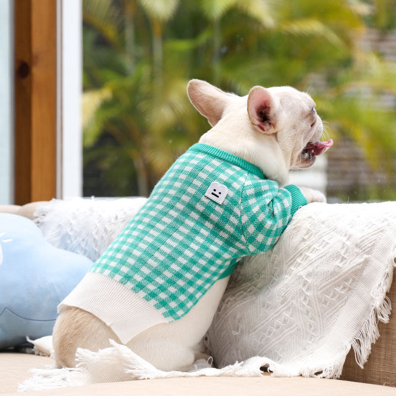 Dog Wool Sweater – British-Style Smiley Grid Pullover (3 Colors)