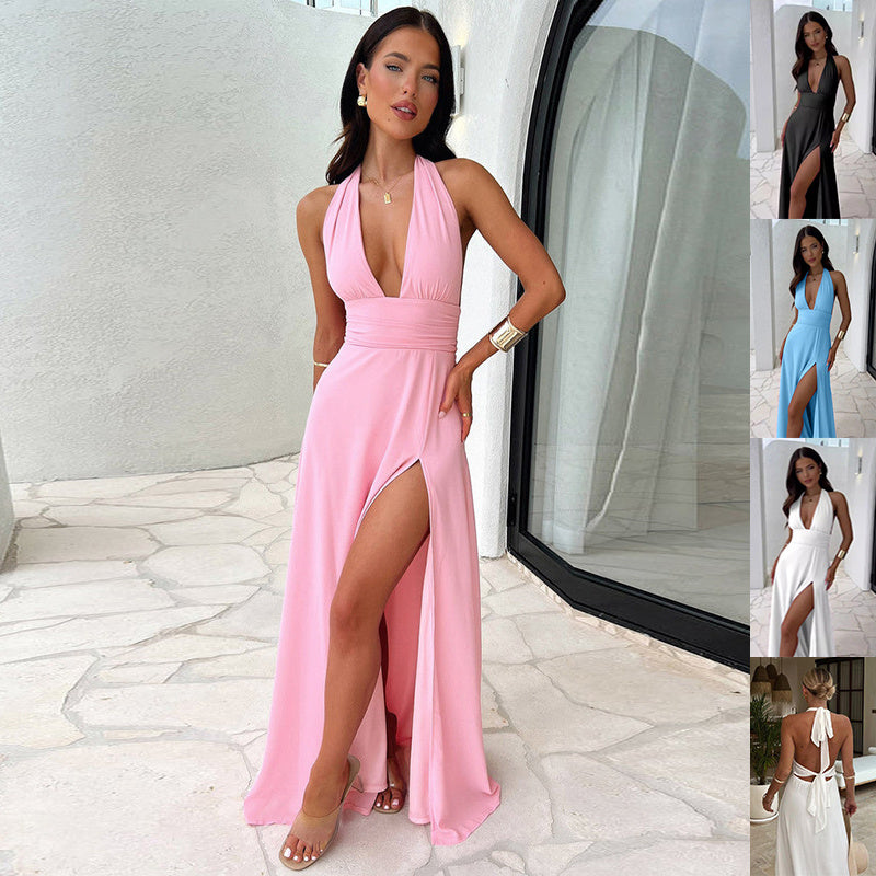 Halter V-Neck Backless Slit Dress – Sexy Summer Strappy Dress for Women