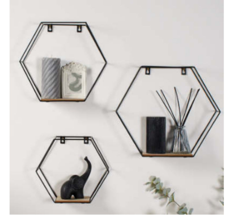 Golden Hexagon Wall Shelf - Iron & Wood Hook-Mount Organizer