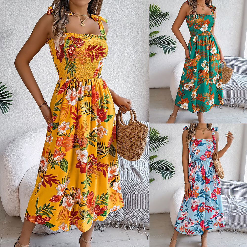 Floral Print Corset Summer Dress – Long Holiday Beach Dress for Women