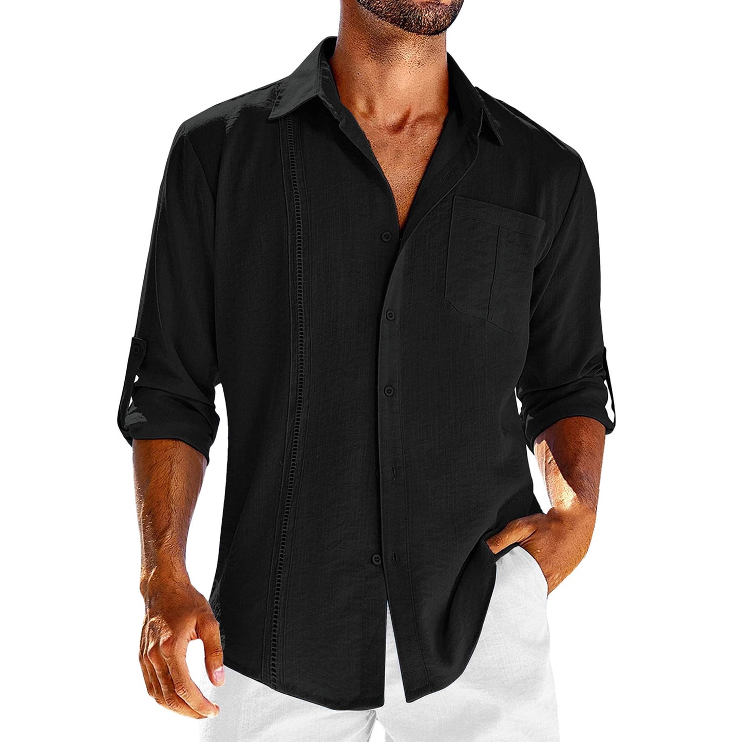Men’s Casual Long Sleeve Shirt – Solid Color Button-Up with Polo Collar & Chest Pocket