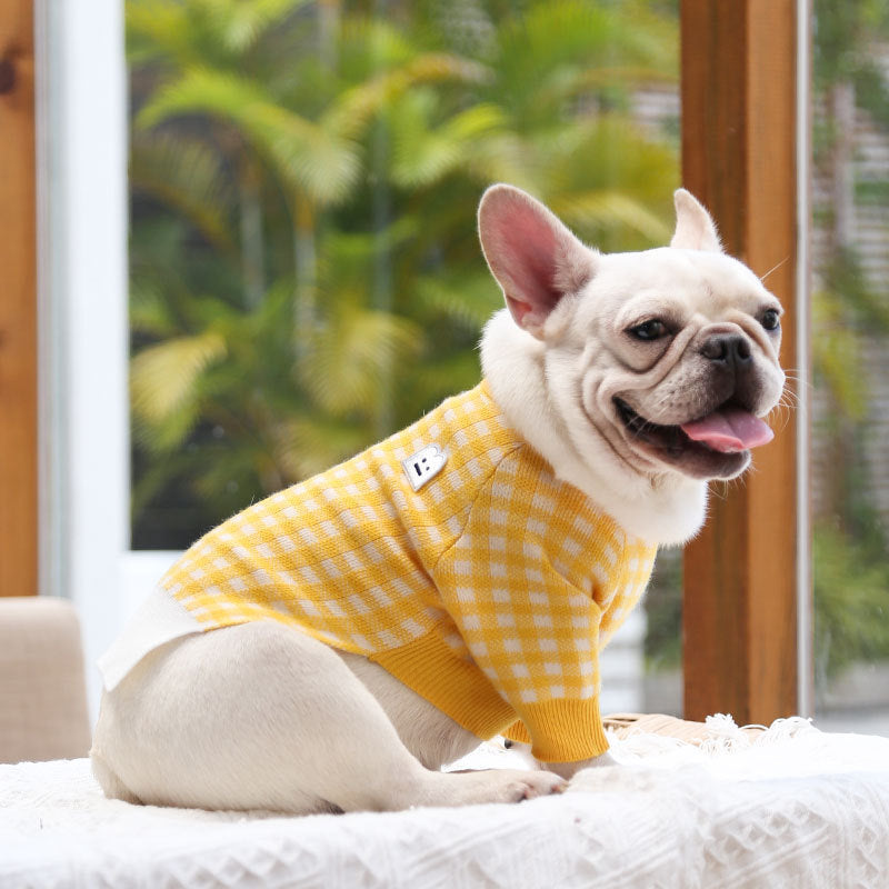 Dog Wool Sweater – British-Style Smiley Grid Pullover (3 Colors)