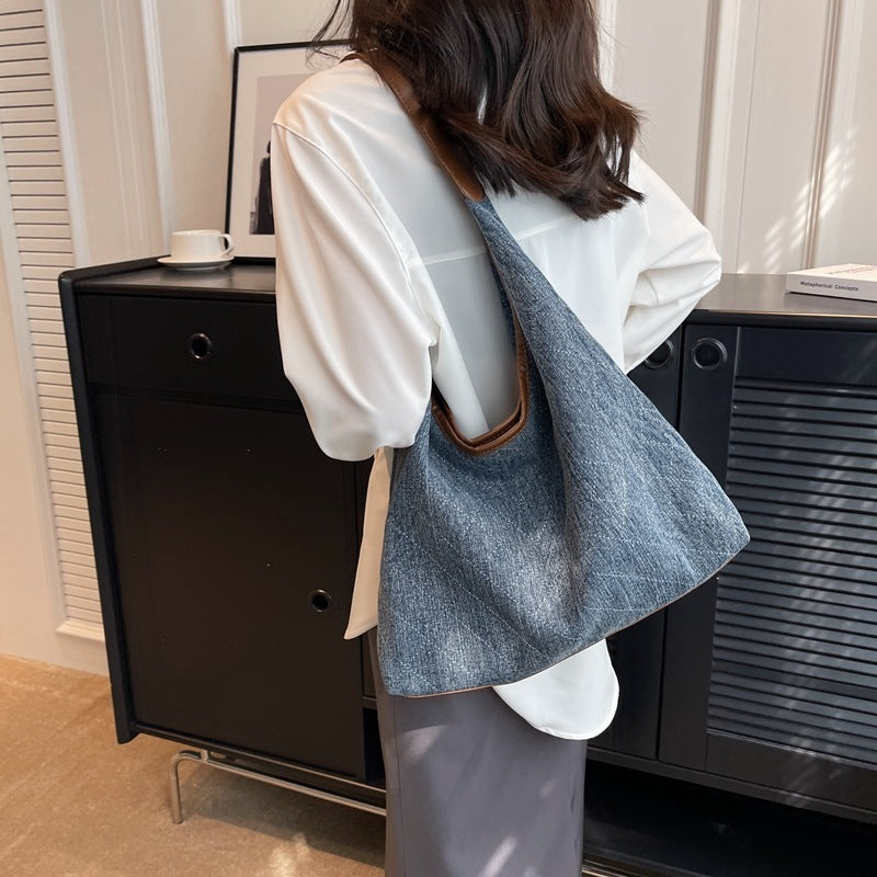 Oversized Denim Bucket Bag - Large Capacity Canvas Tote for Women