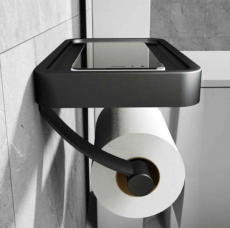 Toilet Roll Holder with Black Metal Shelf