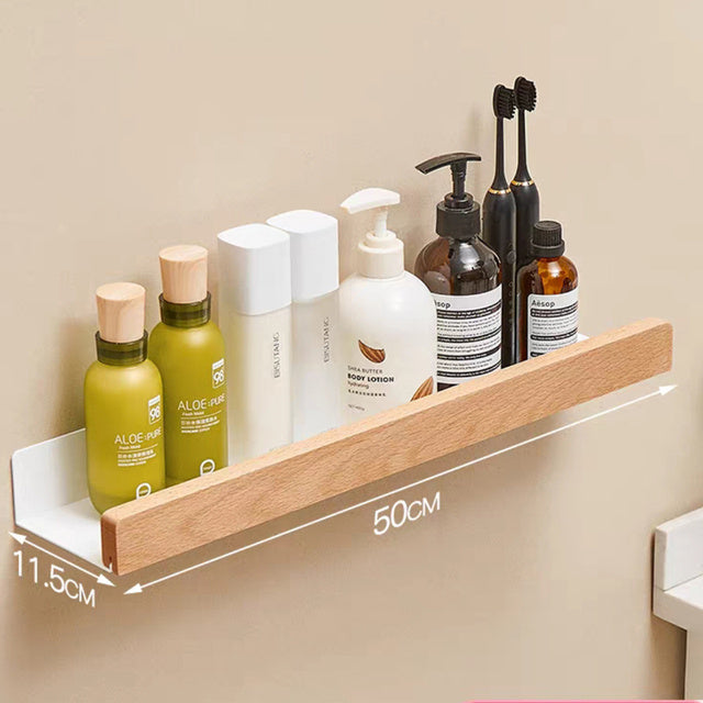 Solid Wood Bathroom Shelf - Non-Drilling Wall Mount (Black/White)